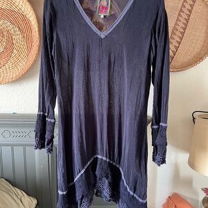 Johnny Was Blue Asymmetrical Tunic with embroidered Long Sleeves
